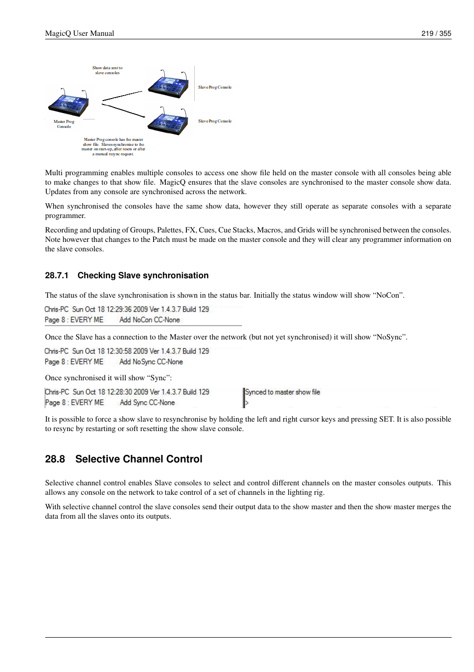 Checking slave synchronisation, Selective channel control, 1 checking slave synchronisation | 8 selective channel control | ChamSys MagicQ User Manual User Manual | Page 248 / 384