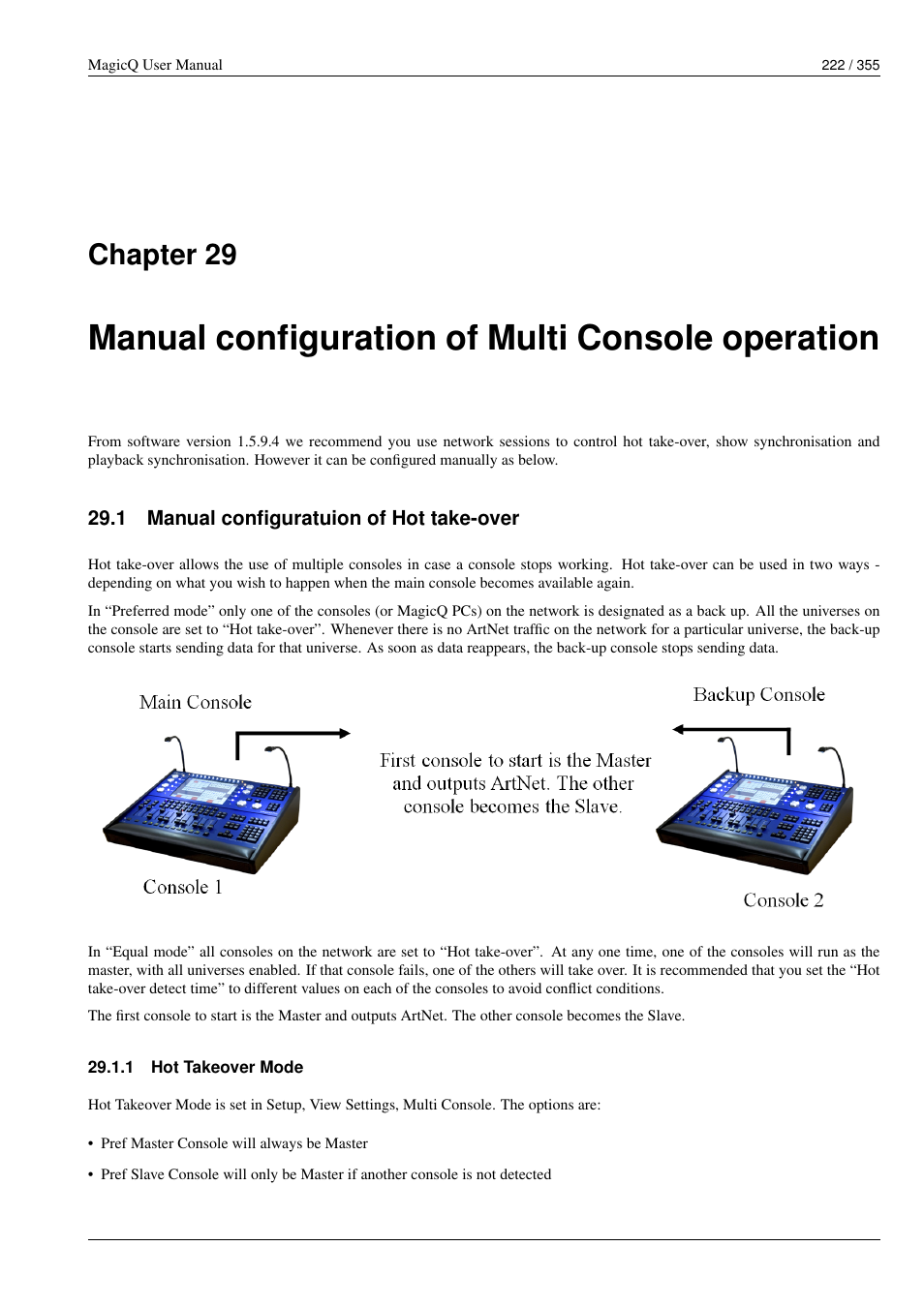 Manual configuration of multi console operation, Manual configuratuion of hot take-over, Hot takeover mode | 29 manual configuration of multi console operation, 1 manual configuratuion of hot take-over, 1 hot takeover mode, Chapter 29 | ChamSys MagicQ User Manual User Manual | Page 251 / 384