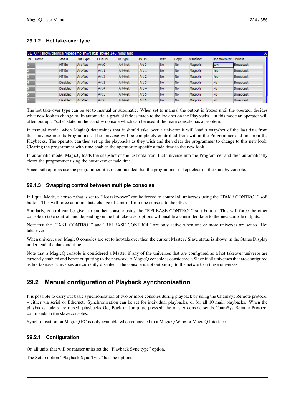 Hot take-over type, Swapping control between multiple consoles, Manual configuration of playback synchronisation | Configuration, 2 hot take-over type, 3 swapping control between multiple consoles, 2 manual configuration of playback synchronisation, 1 configuration | ChamSys MagicQ User Manual User Manual | Page 253 / 384