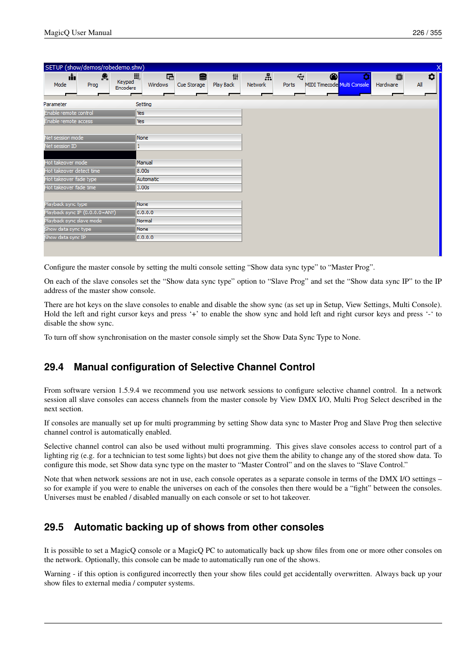 Manual configuration of selective channel control, Automatic backing up of shows from other consoles | ChamSys MagicQ User Manual User Manual | Page 255 / 384