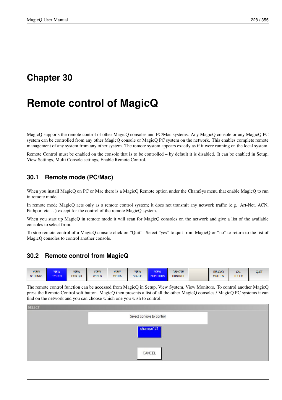 Remote control of magicq, Remote mode (pc/mac), Remote control from magicq | 30 remote control of magicq, 1 remote mode (pc/mac), 2 remote control from magicq, Chapter 30 | ChamSys MagicQ User Manual User Manual | Page 257 / 384