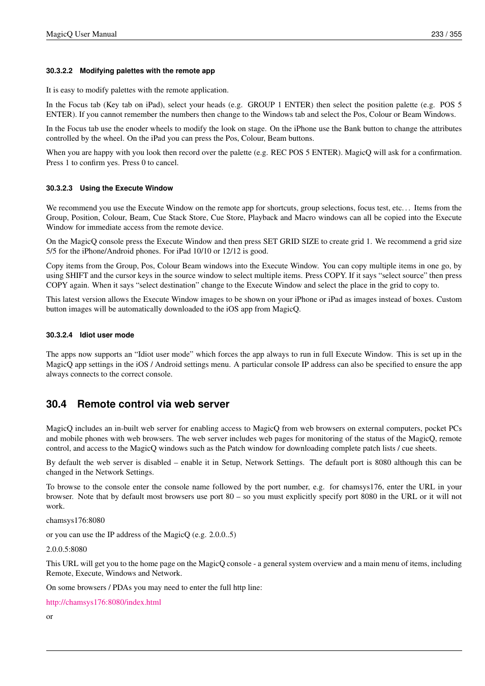 Modifying palettes with the remote app, Using the execute window, Idiot user mode | Remote control via web server, 2 modifying palettes with the remote app, 3 using the execute window, 4 idiot user mode, 4 remote control via web server | ChamSys MagicQ User Manual User Manual | Page 262 / 384