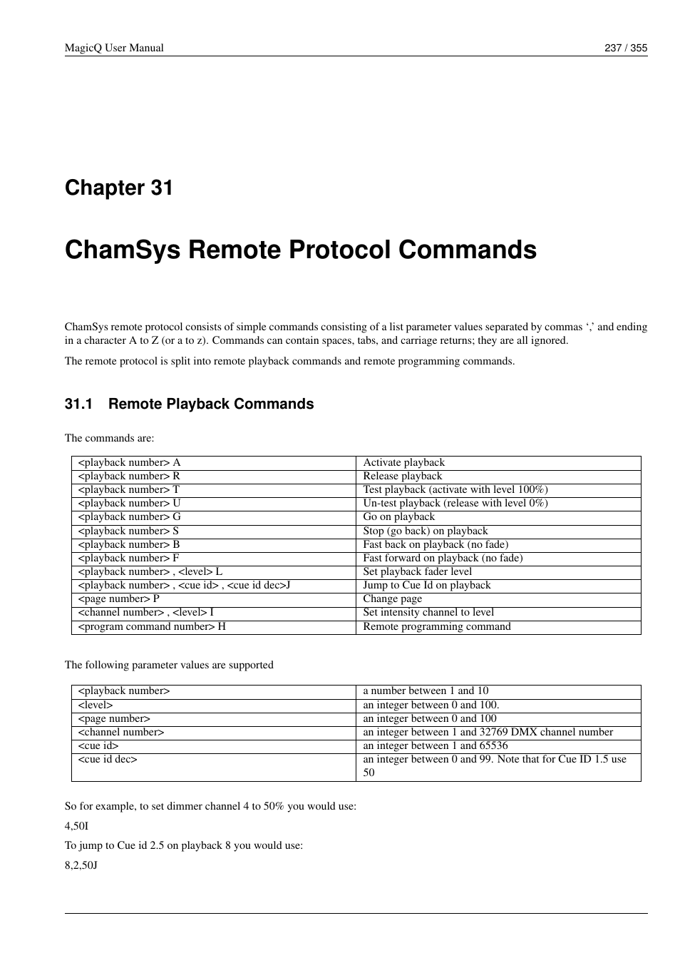 Chamsys remote protocol commands, Remote playback commands, 31 chamsys remote protocol commands | 1 remote playback commands, Chapter 31 | ChamSys MagicQ User Manual User Manual | Page 266 / 384