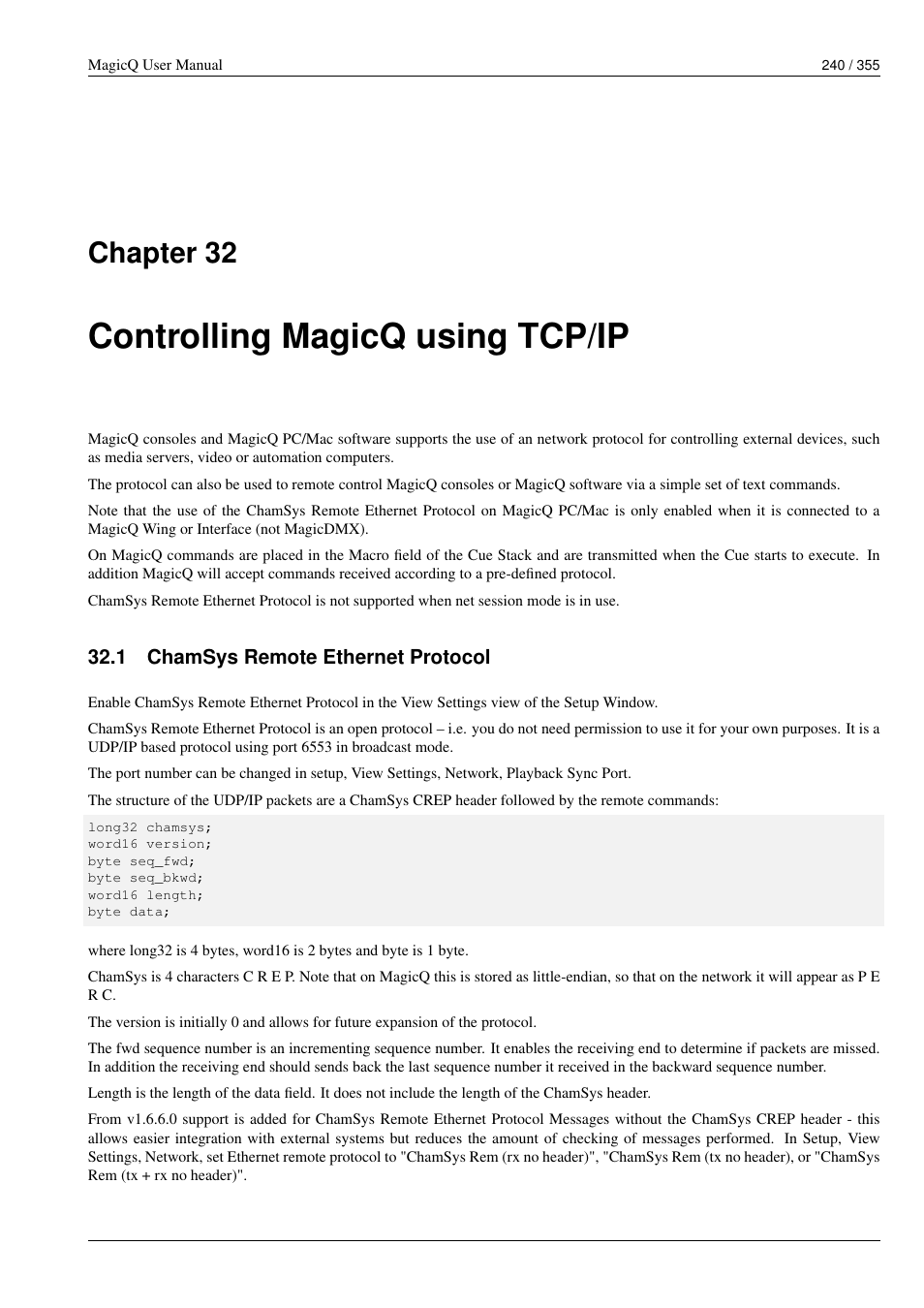 Controlling magicq using tcp/ip, Chamsys remote ethernet protocol, 32 controlling magicq using tcp/ip | 1 chamsys remote ethernet protocol, Chapter 32 | ChamSys MagicQ User Manual User Manual | Page 269 / 384