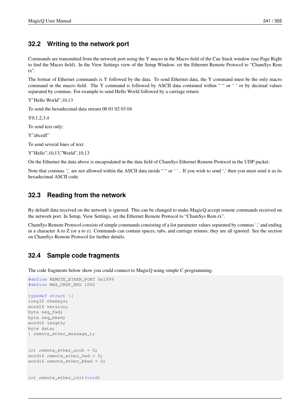 Writing to the network port, Reading from the network, Sample code fragments | 2 writing to the network port, 3 reading from the network, 4 sample code fragments | ChamSys MagicQ User Manual User Manual | Page 270 / 384