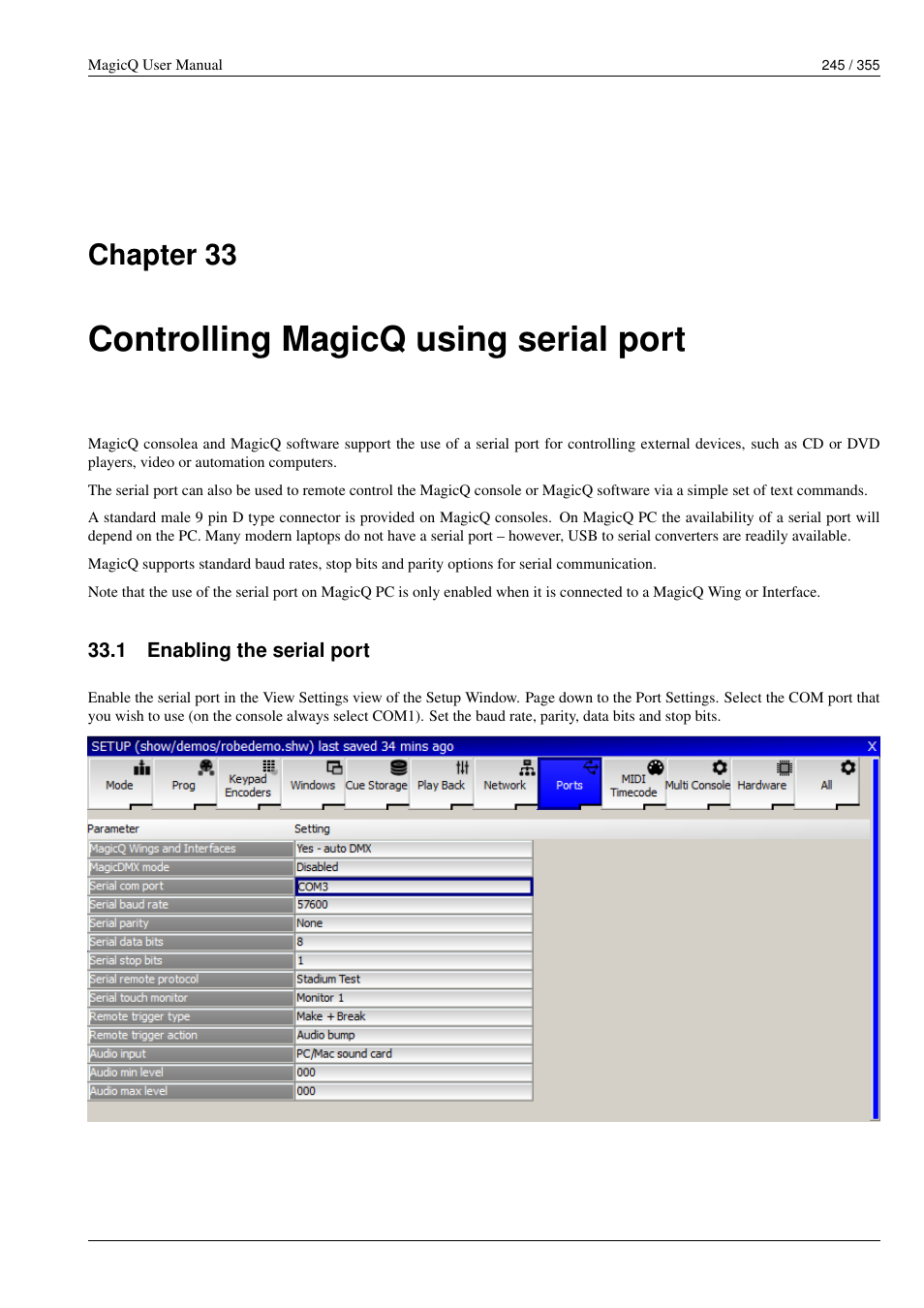 Controlling magicq using serial port, Enabling the serial port, 33 controlling magicq using serial port | 1 enabling the serial port, Chapter 33 | ChamSys MagicQ User Manual User Manual | Page 274 / 384