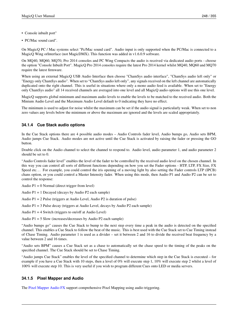 Cue stack audio options, Pixel mapper and audio, 4 cue stack audio options | 5 pixel mapper and audio | ChamSys MagicQ User Manual User Manual | Page 277 / 384
