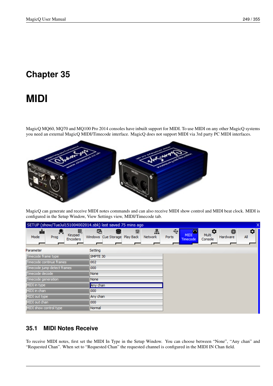 Midi, Midi notes receive, 35 midi | 1 midi notes receive, Chapter 35 | ChamSys MagicQ User Manual User Manual | Page 278 / 384