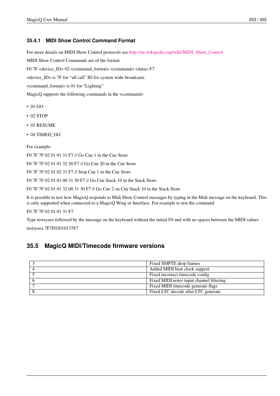 Midi show control command format, Magicq midi/timecode firmware versions, 1 midi show control command format | 5 magicq midi/timecode firmware versions | ChamSys MagicQ User Manual User Manual | Page 282 / 384