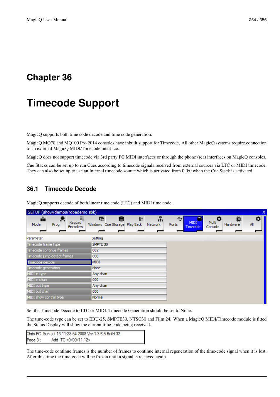 Timecode support, Timecode decode, 36 timecode support | 1 timecode decode, Chapter 36 | ChamSys MagicQ User Manual User Manual | Page 283 / 384