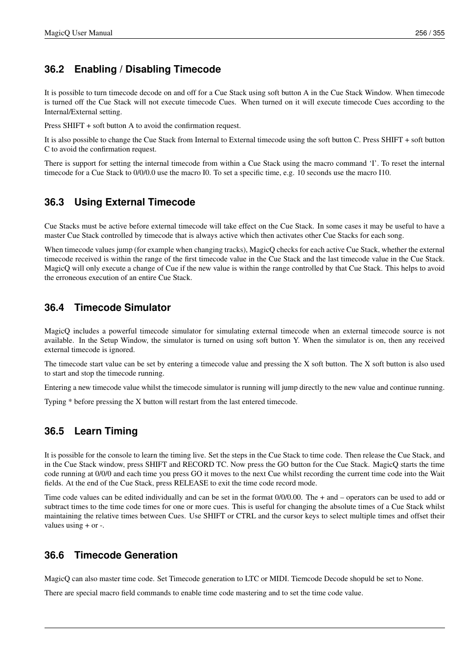 Enabling / disabling timecode, Using external timecode, Timecode simulator | Learn timing, Timecode generation, 2 enabling / disabling timecode, 3 using external timecode, 4 timecode simulator, 5 learn timing, 6 timecode generation | ChamSys MagicQ User Manual User Manual | Page 285 / 384