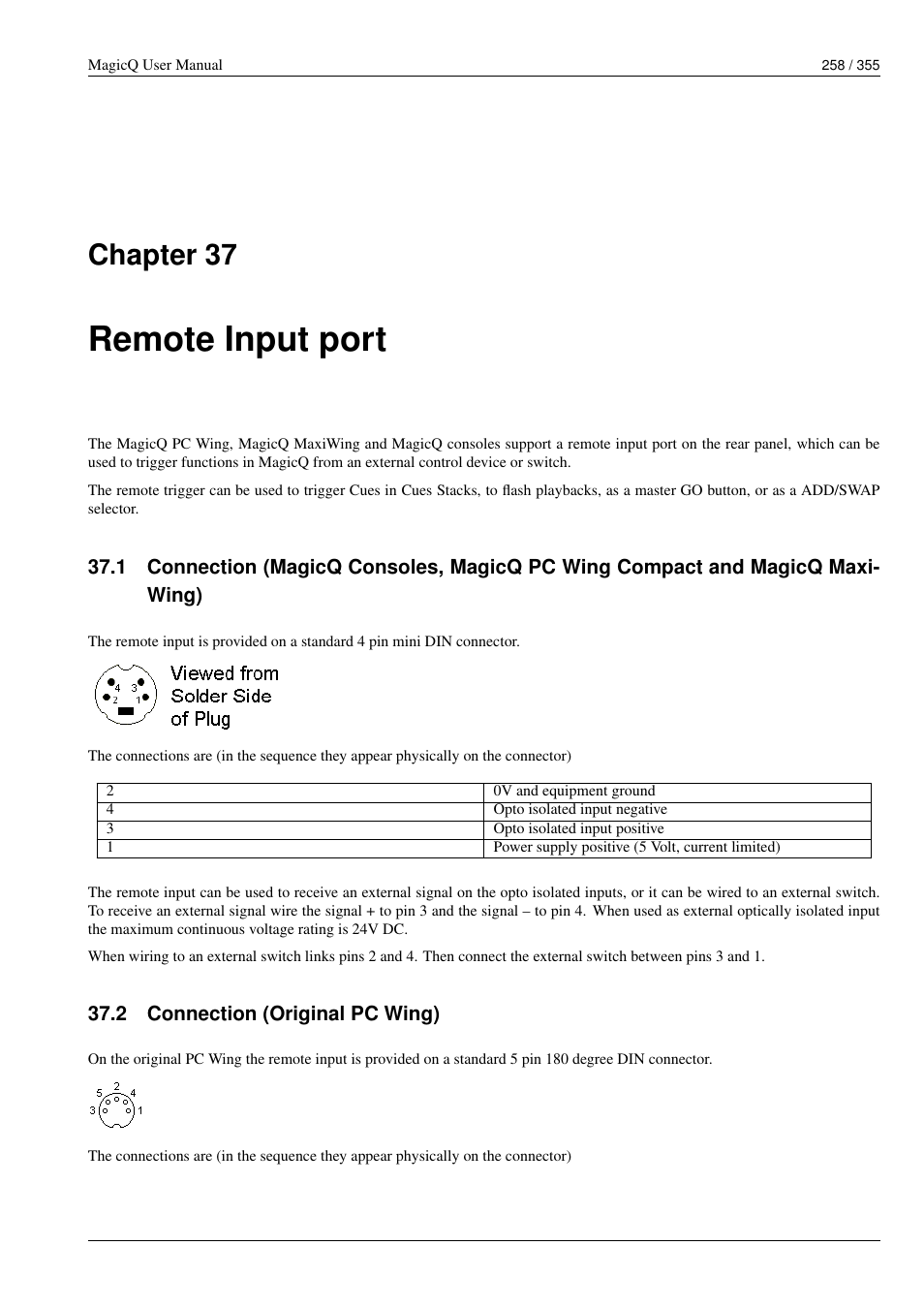 Remote input port, Connection (original pc wing), 37 remote input port | 2 connection (original pc wing), Chapter 37 | ChamSys MagicQ User Manual User Manual | Page 287 / 384