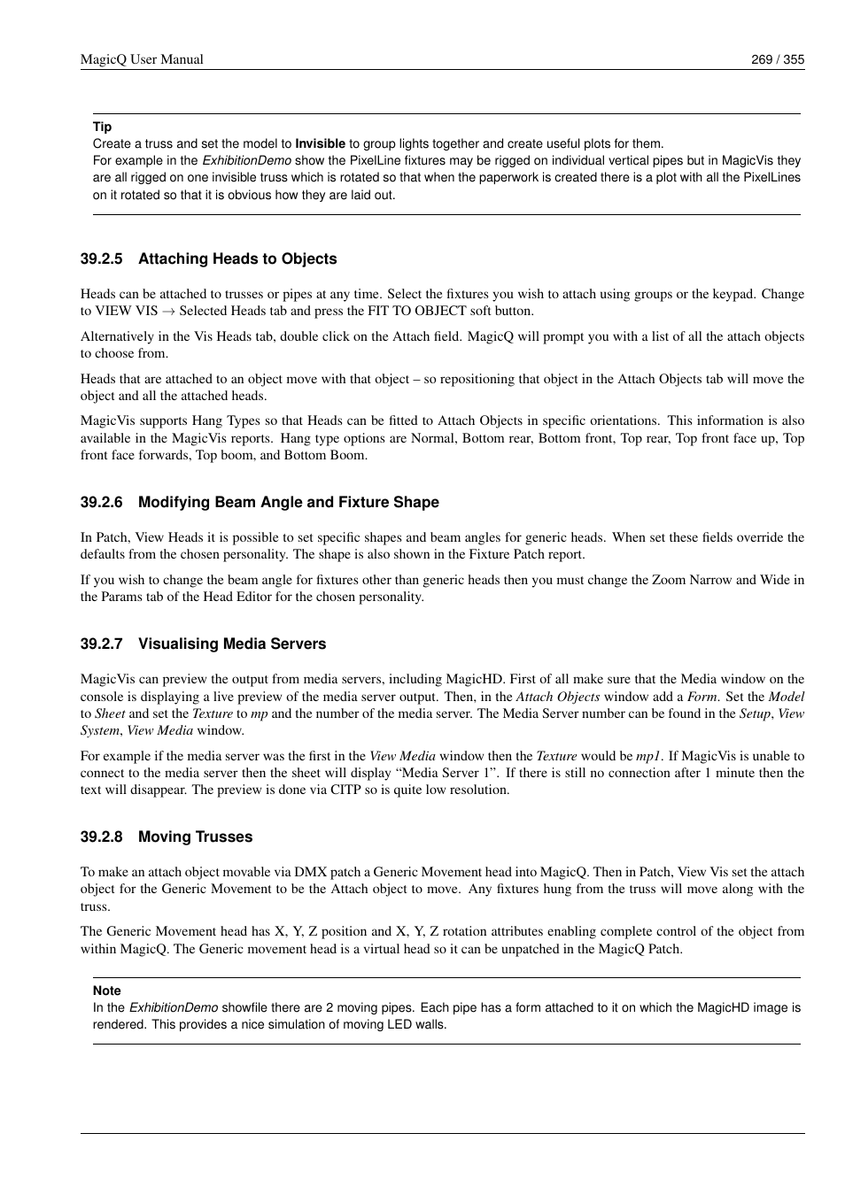 Attaching heads to objects, Modifying beam angle and fixture shape, Visualising media servers | Moving trusses, 5 attaching heads to objects, 6 modifying beam angle and fixture shape, 7 visualising media servers, 8 moving trusses | ChamSys MagicQ User Manual User Manual | Page 298 / 384