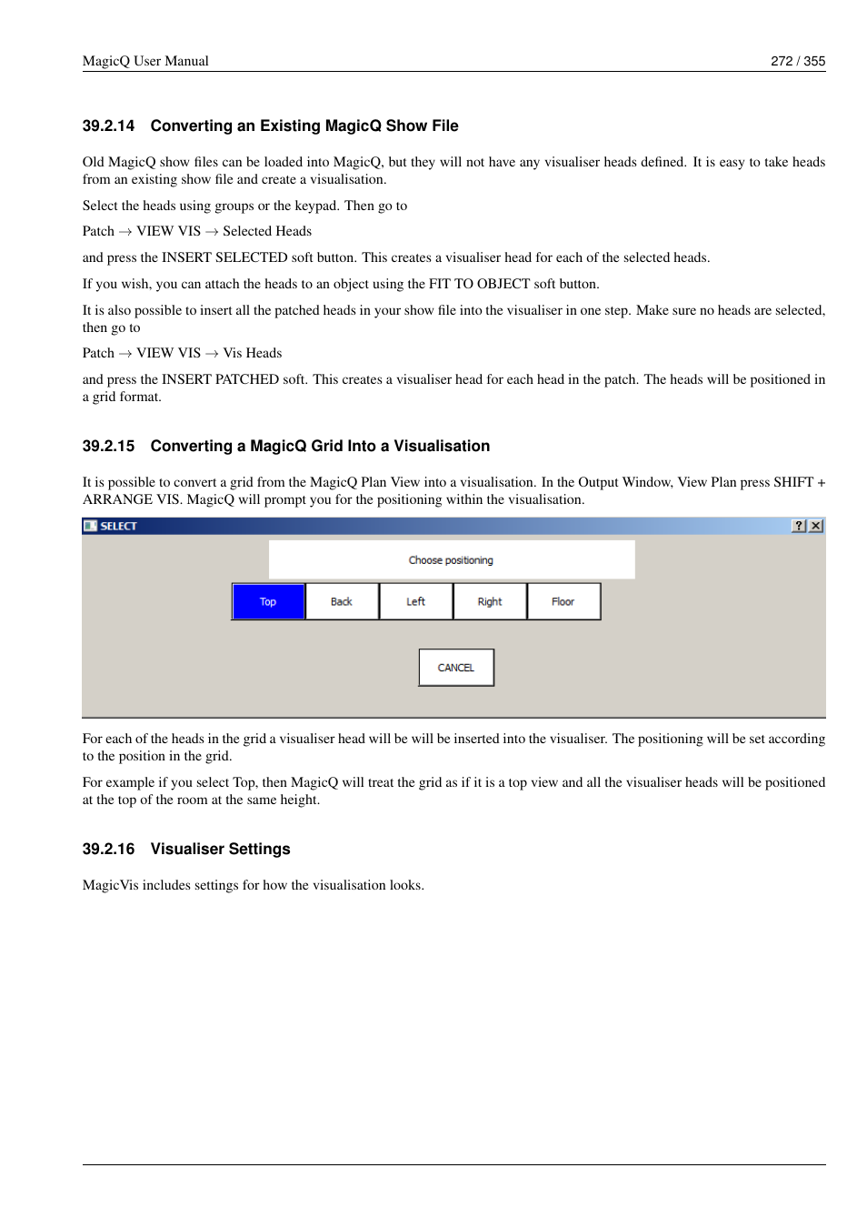 Converting an existing magicq show file, Converting a magicq grid into a visualisation, Visualiser settings | 14 converting an existing magicq show file, 15 converting a magicq grid into a visualisation, 16 visualiser settings | ChamSys MagicQ User Manual User Manual | Page 301 / 384