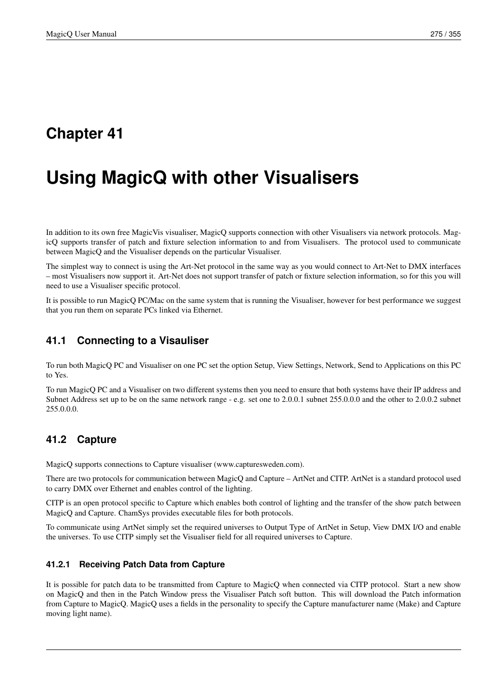 Using magicq with other visualisers, Connecting to a visauliser, Capture | Receiving patch data from capture, 41 using magicq with other visualisers, 1 connecting to a visauliser, 2 capture, 1 receiving patch data from capture, Chapter 41 | ChamSys MagicQ User Manual User Manual | Page 304 / 384