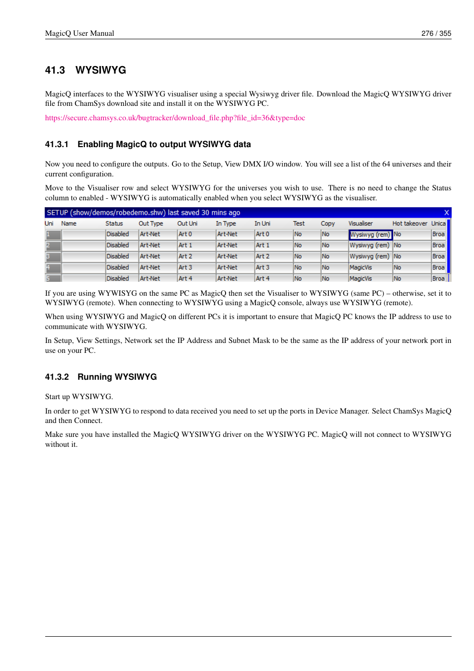 Wysiwyg, Enabling magicq to output wysiwyg data, Running wysiwyg | 3 wysiwyg, 1 enabling magicq to output wysiwyg data, 2 running wysiwyg | ChamSys MagicQ User Manual User Manual | Page 305 / 384