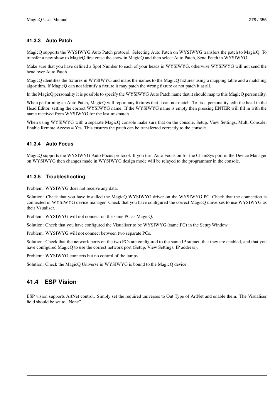 Auto patch, Auto focus, Troubleshooting | Esp vision, 3 auto patch, 4 auto focus, 5 troubleshooting, 4 esp vision | ChamSys MagicQ User Manual User Manual | Page 307 / 384