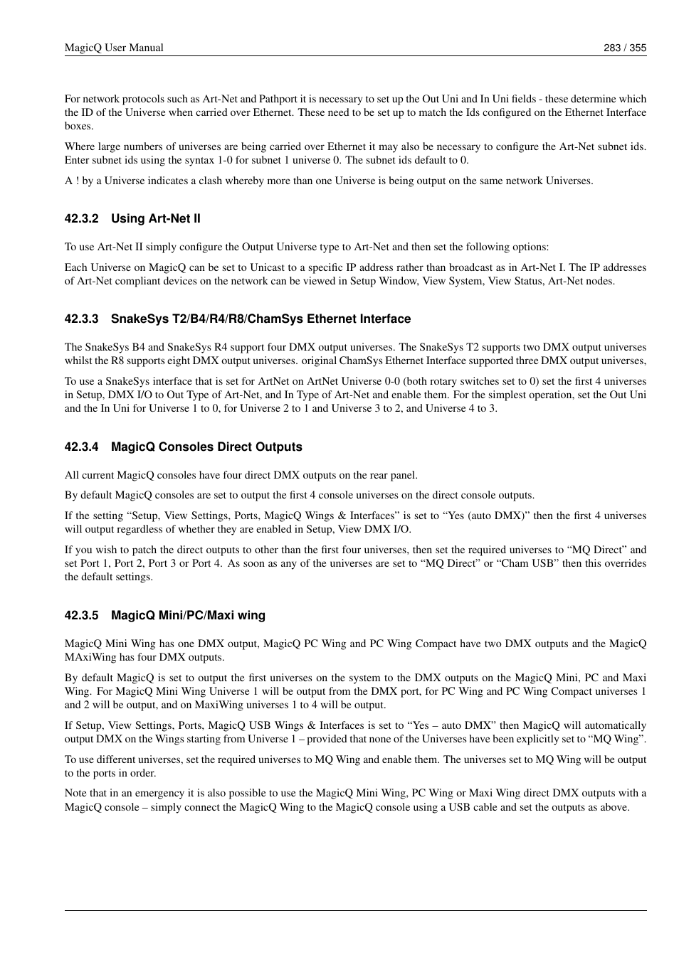 Using art-net ii, Snakesys t2/b4/r4/r8/chamsys ethernet interface, Magicq consoles direct outputs | Magicq mini/pc/maxi wing, 2 using art-net ii, 3 snakesys t2/b4/r4/r8/chamsys ethernet interface, 4 magicq consoles direct outputs, 5 magicq mini/pc/maxi wing | ChamSys MagicQ User Manual User Manual | Page 312 / 384