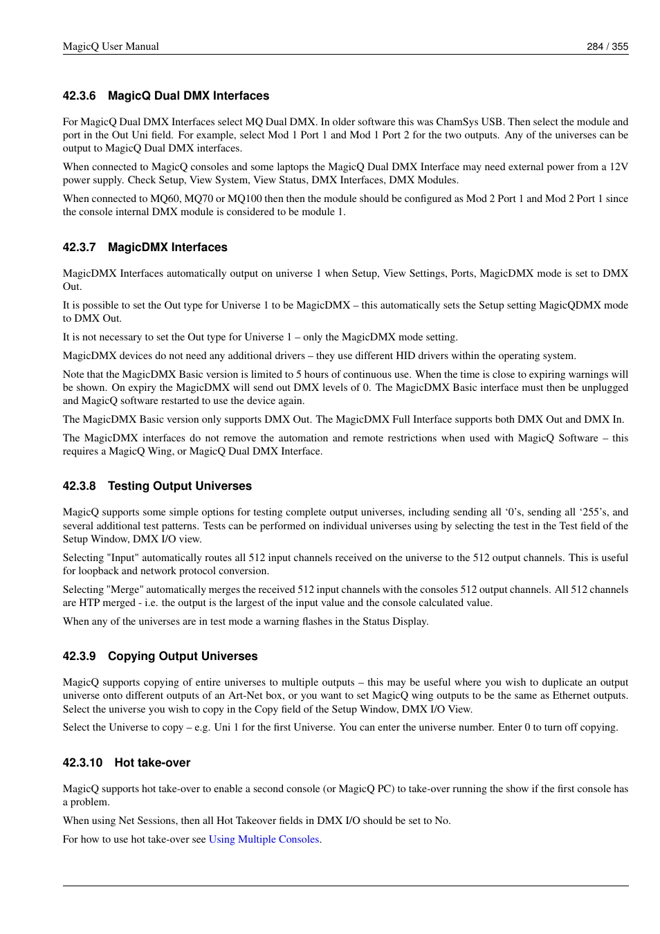 Magicq dual dmx interfaces, Magicdmx interfaces, Testing output universes | Copying output universes, Hot take-over, 6 magicq dual dmx interfaces, 7 magicdmx interfaces, 8 testing output universes, 9 copying output universes, 10 hot take-over | ChamSys MagicQ User Manual User Manual | Page 313 / 384