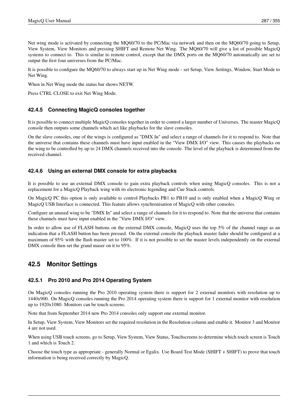 Connecting magicq consoles together, Using an external dmx console for extra playbacks, Monitor settings | Pro 2010 and pro 2014 operating system, 5 connecting magicq consoles together, 5 monitor settings, 1 pro 2010 and pro 2014 operating system | ChamSys MagicQ User Manual User Manual | Page 316 / 384