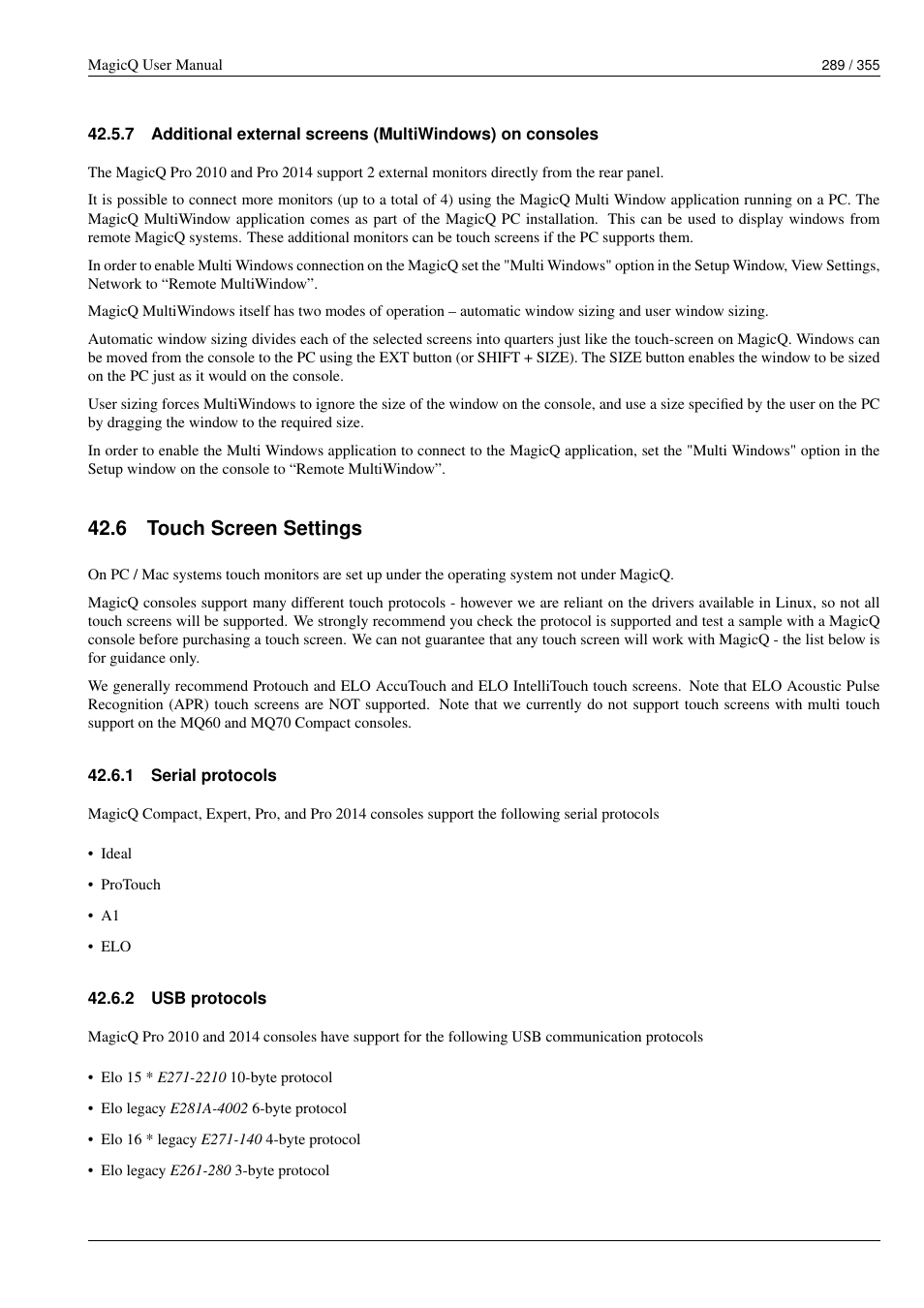 Touch screen settings, Serial protocols, Usb protocols | 6 touch screen settings, 1 serial protocols, 2 usb protocols | ChamSys MagicQ User Manual User Manual | Page 318 / 384