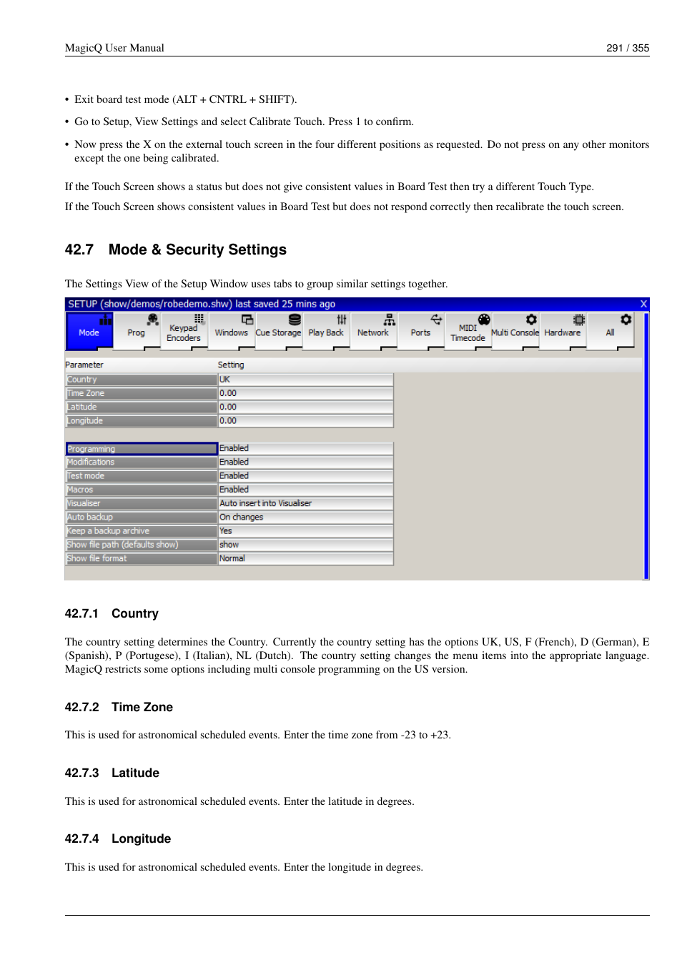 Mode & security settings, Country, Time zone | Latitude, Longitude, 7 mode & security settings, 1 country, 2 time zone, 3 latitude, 4 longitude | ChamSys MagicQ User Manual User Manual | Page 320 / 384