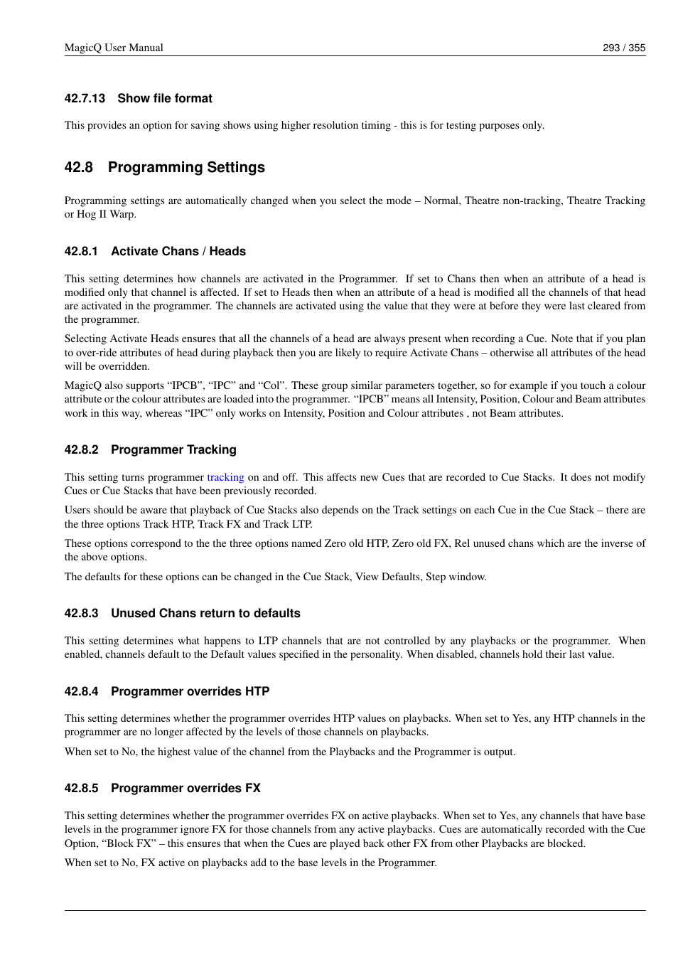 Show file format, Programming settings, Activate chans / heads | Programmer tracking, Unused chans return to defaults, Programmer overrides htp, Programmer overrides fx, 13 show file format, 8 programming settings, 1 activate chans / heads | ChamSys MagicQ User Manual User Manual | Page 322 / 384