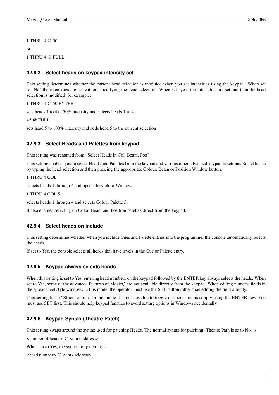 Select heads on keypad intensity set, Select heads and palettes from keypad, Select heads on include | Keypad always selects heads, Keypad syntax (theatre patch), 2 select heads on keypad intensity set, 3 select heads and palettes from keypad, 4 select heads on include, 5 keypad always selects heads, 6 keypad syntax (theatre patch) | ChamSys MagicQ User Manual User Manual | Page 324 / 384