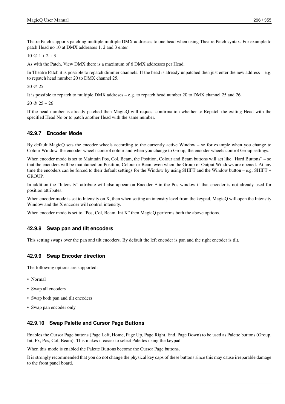 Encoder mode, Swap pan and tilt encoders, Swap encoder direction | 7 encoder mode, 8 swap pan and tilt encoders, 9 swap encoder direction | ChamSys MagicQ User Manual User Manual | Page 325 / 384