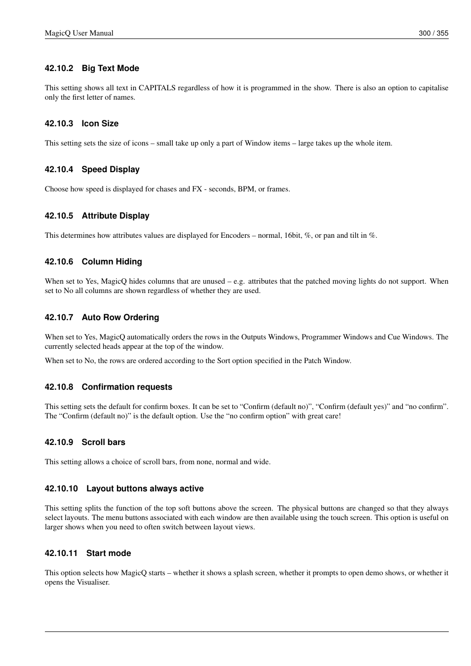 Big text mode, Icon size, Speed display | Attribute display, Column hiding, Auto row ordering, Confirmation requests, Scroll bars, Layout buttons always active, Start mode | ChamSys MagicQ User Manual User Manual | Page 329 / 384