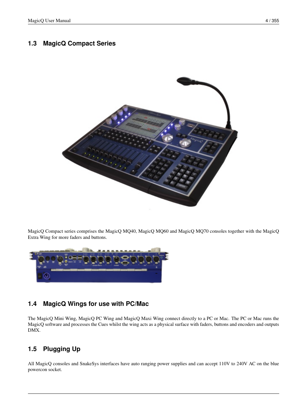 Magicq compact series, Magicq wings for use with pc/mac, Plugging up | ChamSys MagicQ User Manual User Manual | Page 33 / 384