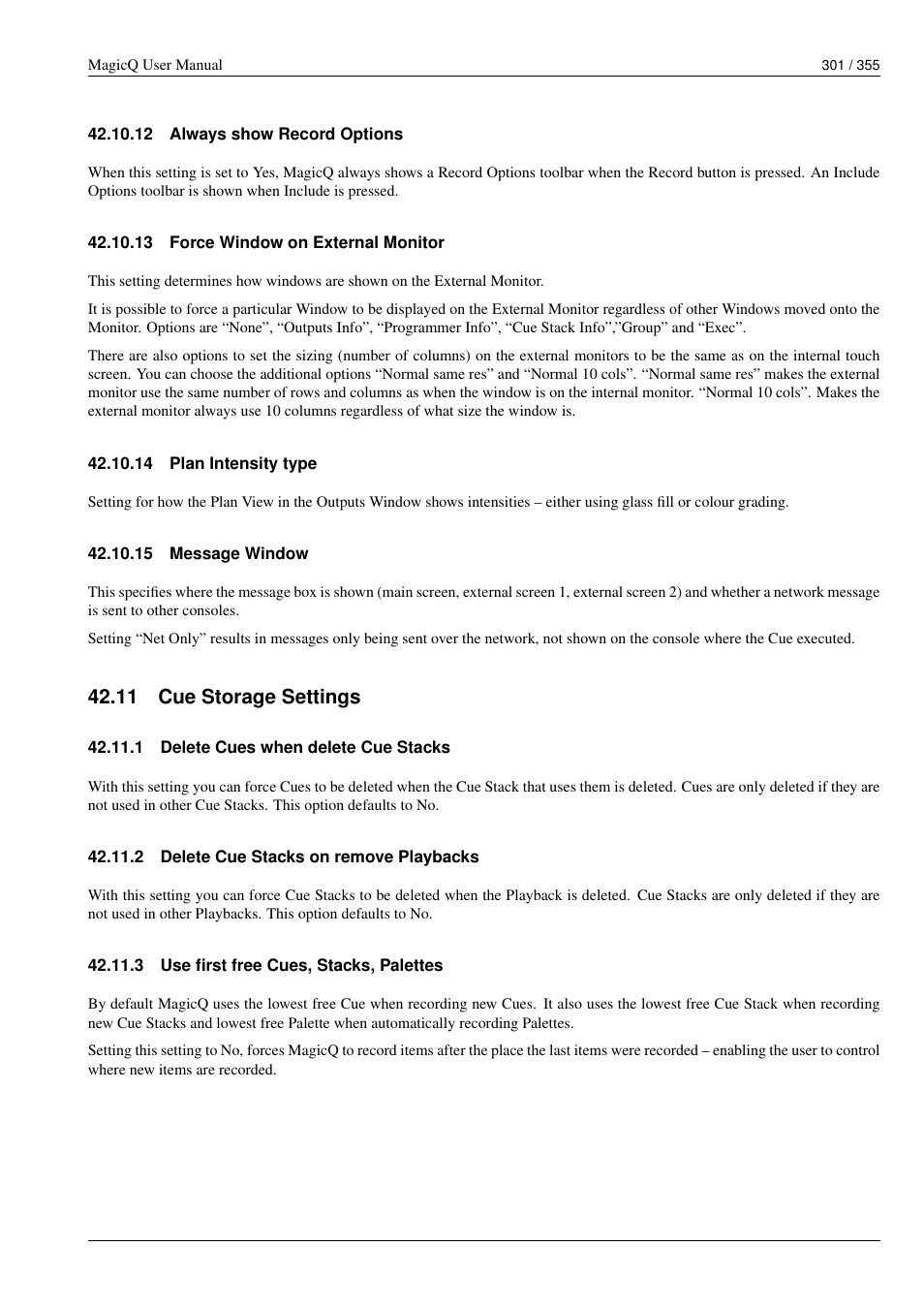 Always show record options, Force window on external monitor, Plan intensity type | Message window, Cue storage settings, Delete cues when delete cue stacks, Delete cue stacks on remove playbacks, Use first free cues, stacks, palettes, 12always show record options, 13force window on external monitor | ChamSys MagicQ User Manual User Manual | Page 330 / 384