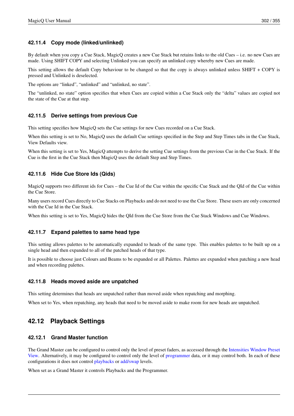 Copy mode (linked/unlinked), Derive settings from previous cue, Hide cue store ids (qids) | Expand palettes to same head type, Heads moved aside are unpatched, Playback settings, Grand master function, 4 copy mode (linked/unlinked), 5 derive settings from previous cue, 6 hide cue store ids (qids) | ChamSys MagicQ User Manual User Manual | Page 331 / 384
