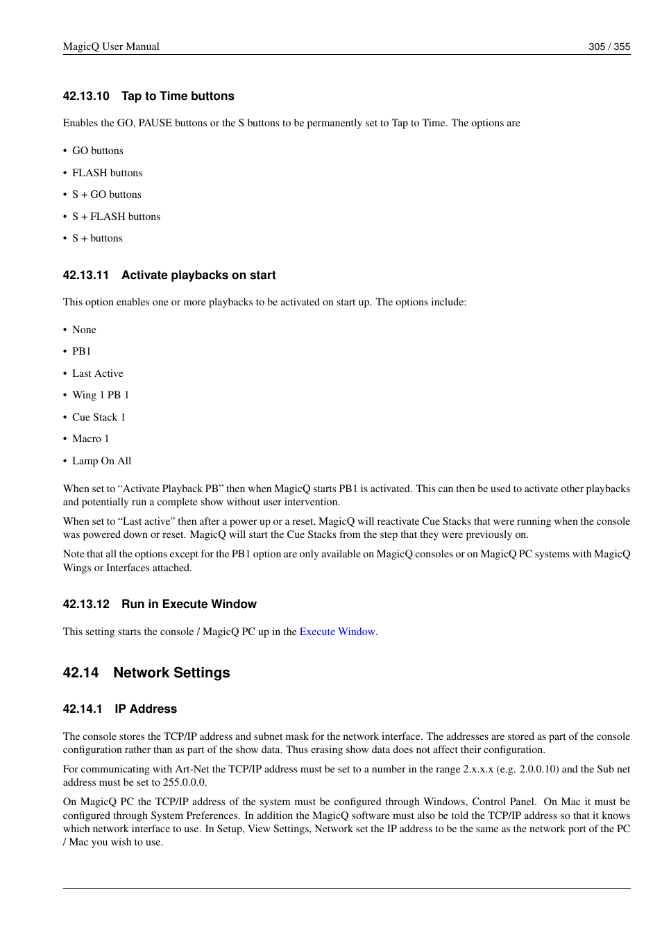 Tap to time buttons, Activate playbacks on start, Run in execute window | Network settings, Ip address, 10tap to time buttons, 11activate playbacks on start, 12run in execute window, 14network settings, 1 ip address | ChamSys MagicQ User Manual User Manual | Page 334 / 384