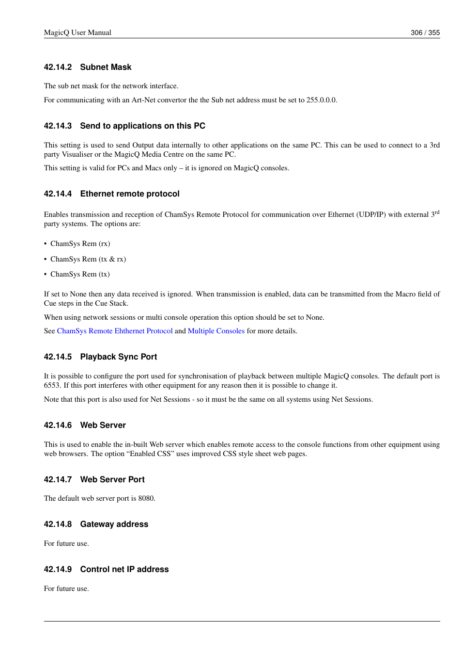 Subnet mask, Send to applications on this pc, Ethernet remote protocol | Playback sync port, Web server, Web server port, Gateway address, Control net ip address, 2 subnet mask, 3 send to applications on this pc | ChamSys MagicQ User Manual User Manual | Page 335 / 384