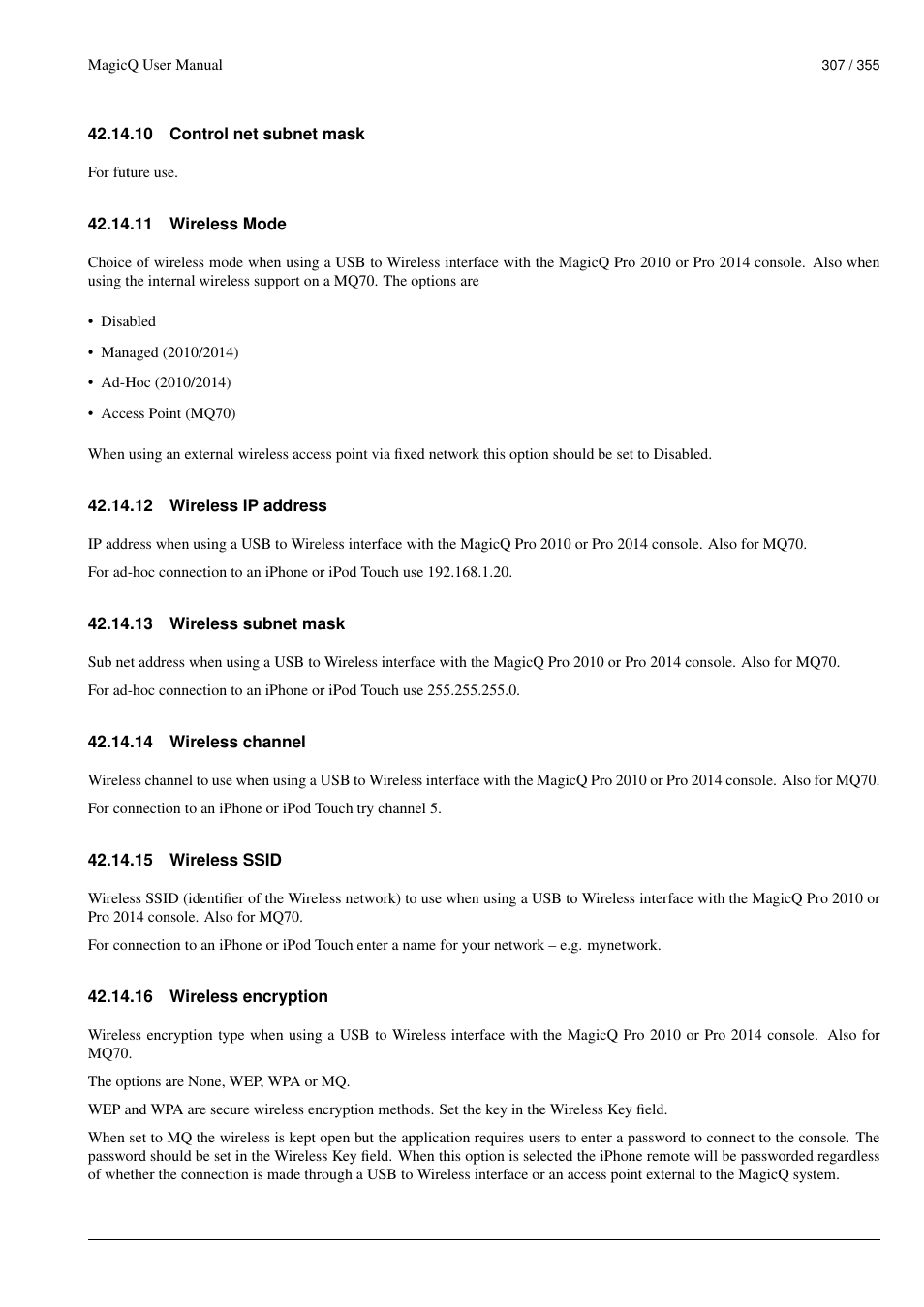 Control net subnet mask, Wireless mode, Wireless ip address | Wireless subnet mask, Wireless channel, Wireless ssid, Wireless encryption, 10control net subnet mask, 11wireless mode, 12wireless ip address | ChamSys MagicQ User Manual User Manual | Page 336 / 384