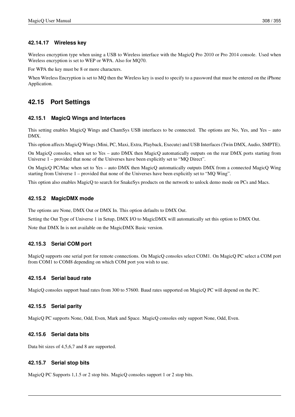 Wireless key, Port settings, Magicq wings and interfaces | Magicdmx mode, Serial com port, Serial baud rate, Serial parity, Serial data bits, Serial stop bits, 17wireless key | ChamSys MagicQ User Manual User Manual | Page 337 / 384