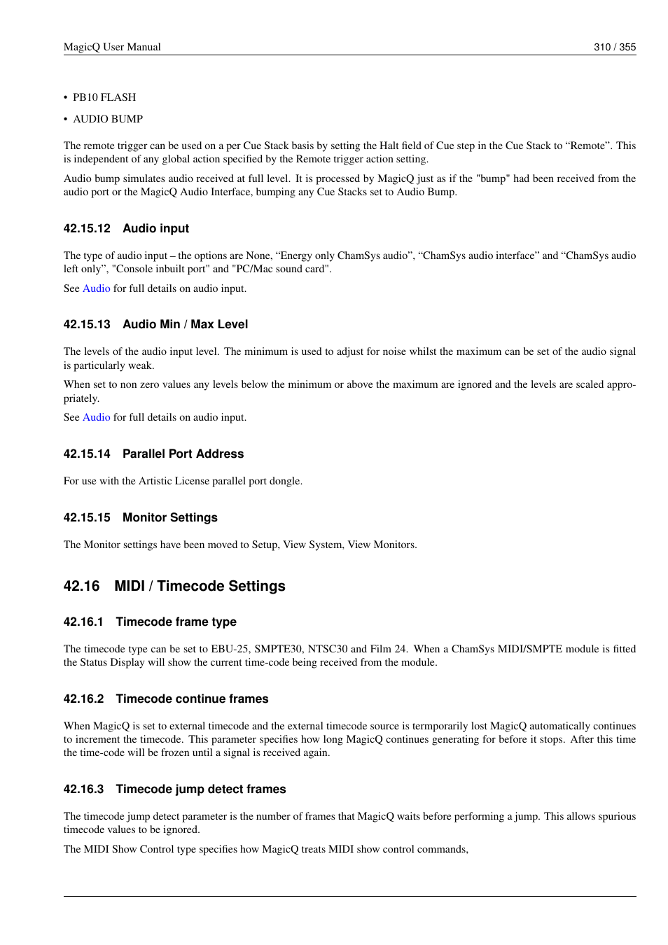 Audio input, Audio min / max level, Parallel port address | Monitor settings, Midi / timecode settings, Timecode frame type, Timecode continue frames, Timecode jump detect frames, 12audio input, 13audio min / max level | ChamSys MagicQ User Manual User Manual | Page 339 / 384