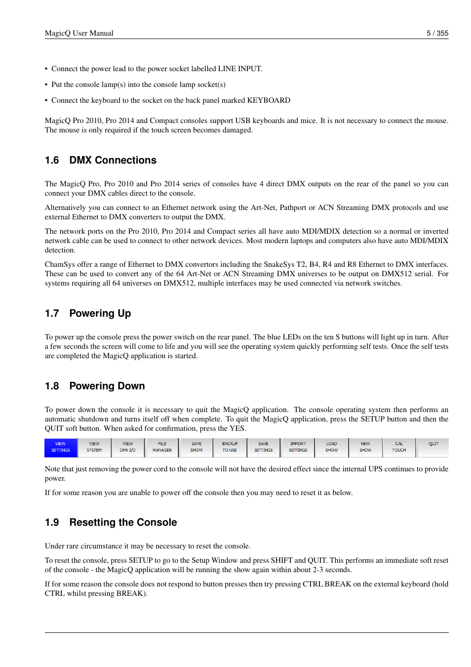 Dmx connections, Powering up, Powering down | Resetting the console | ChamSys MagicQ User Manual User Manual | Page 34 / 384