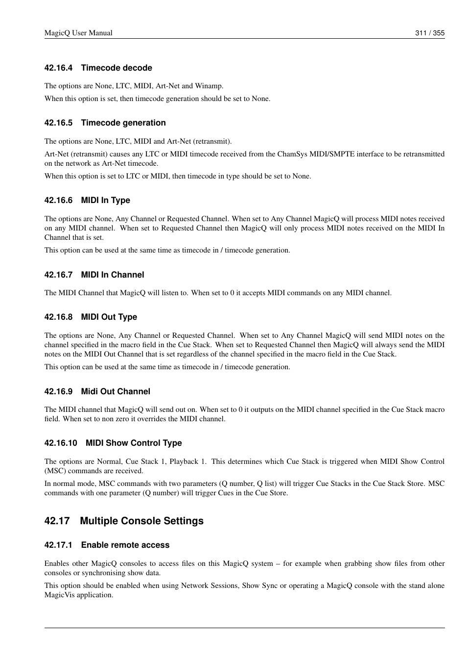 Timecode decode, Timecode generation, Midi in type | Midi in channel, Midi out type, Midi out channel, Midi show control type, Multiple console settings, Enable remote access, 4 timecode decode | ChamSys MagicQ User Manual User Manual | Page 340 / 384