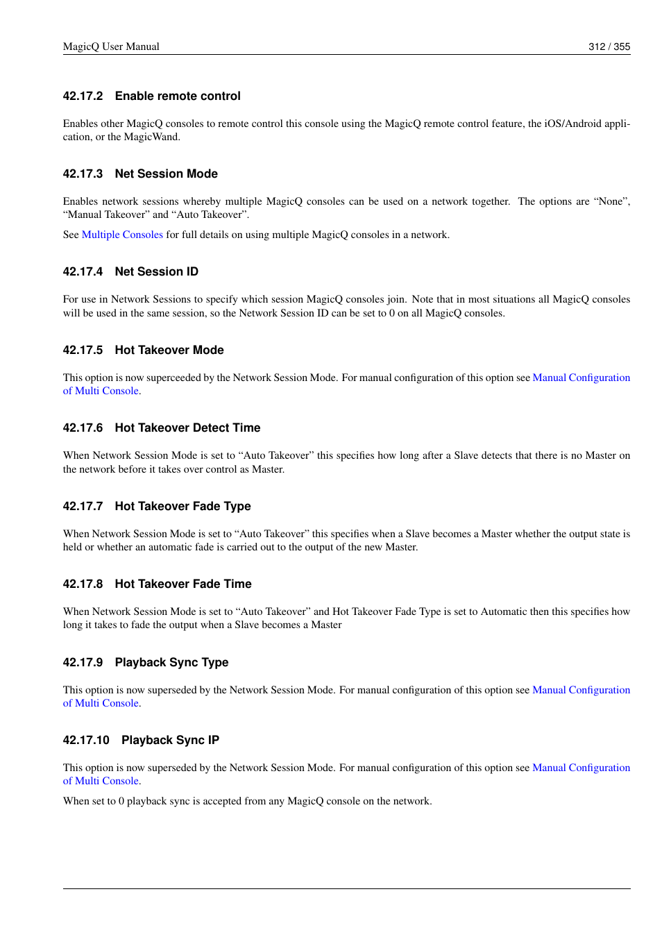 Enable remote control, Net session mode, Net session id | Hot takeover mode, Hot takeover detect time, Hot takeover fade type, Hot takeover fade time, Playback sync type, Playback sync ip, 2 enable remote control | ChamSys MagicQ User Manual User Manual | Page 341 / 384