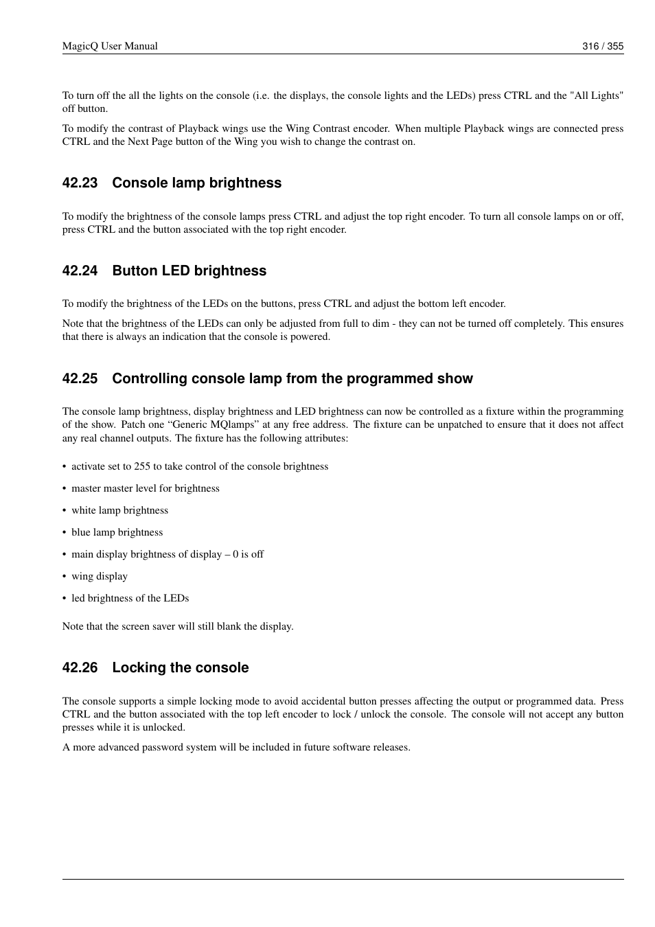 Console lamp brightness, Button led brightness, Controlling console lamp from the programmed show | Locking the console, 23console lamp brightness, 24button led brightness, 26locking the console, 23 console lamp brightness, 24 button led brightness, 26 locking the console | ChamSys MagicQ User Manual User Manual | Page 345 / 384