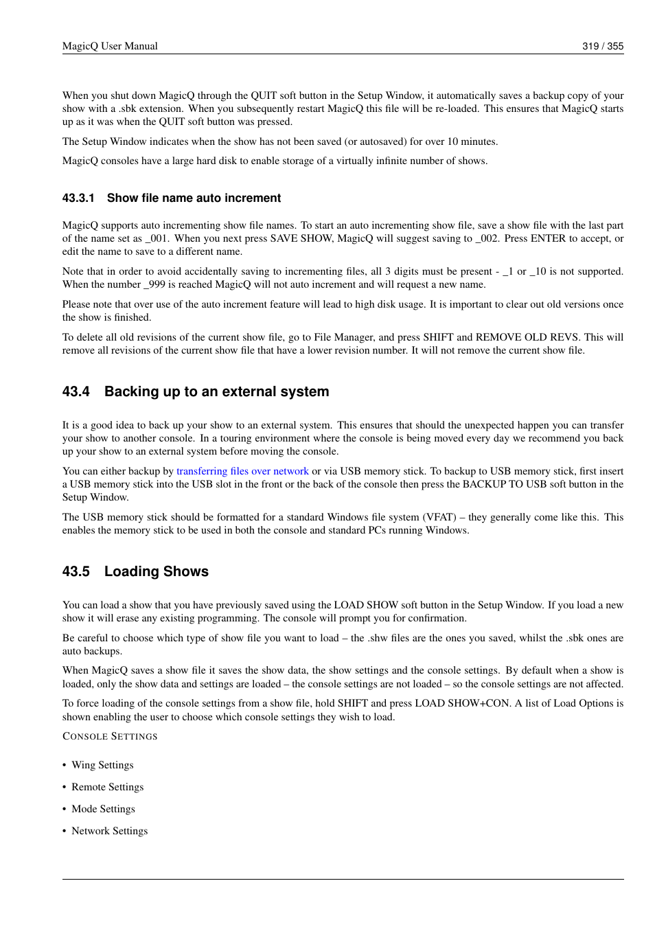 Show file name auto increment, Backing up to an external system, Loading shows | 1 show file name auto increment, 4 backing up to an external system, 5 loading shows | ChamSys MagicQ User Manual User Manual | Page 348 / 384