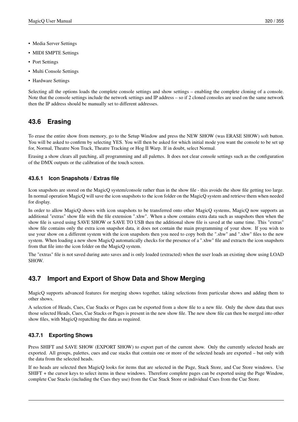 Erasing, Icon snapshots / extras file, Import and export of show data and show merging | Exporting shows, 6 erasing, 1 icon snapshots / extras file, 7 import and export of show data and show merging, 1 exporting shows | ChamSys MagicQ User Manual User Manual | Page 349 / 384