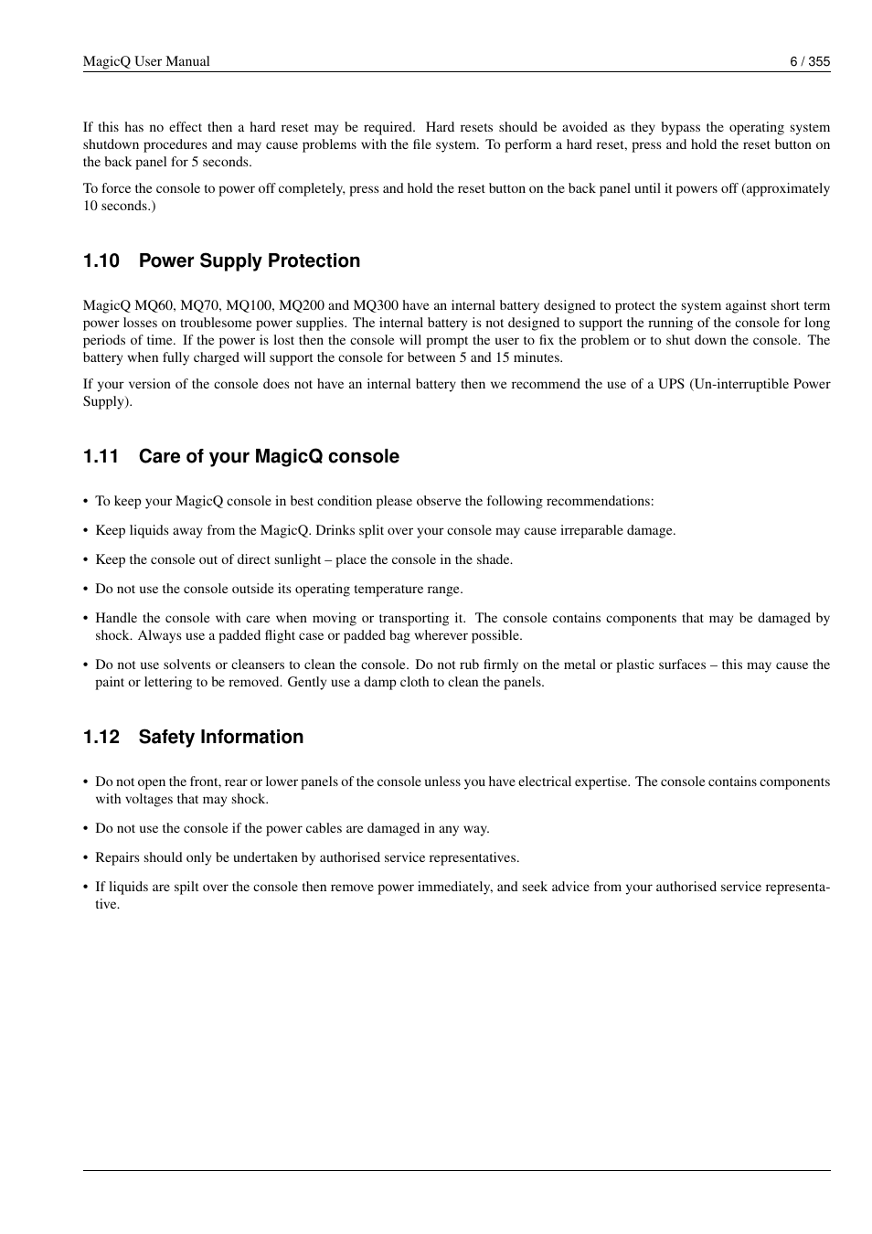 Power supply protection, Care of your magicq console, Safety information | 10 power supply protection, 11 care of your magicq console, 12 safety information | ChamSys MagicQ User Manual User Manual | Page 35 / 384