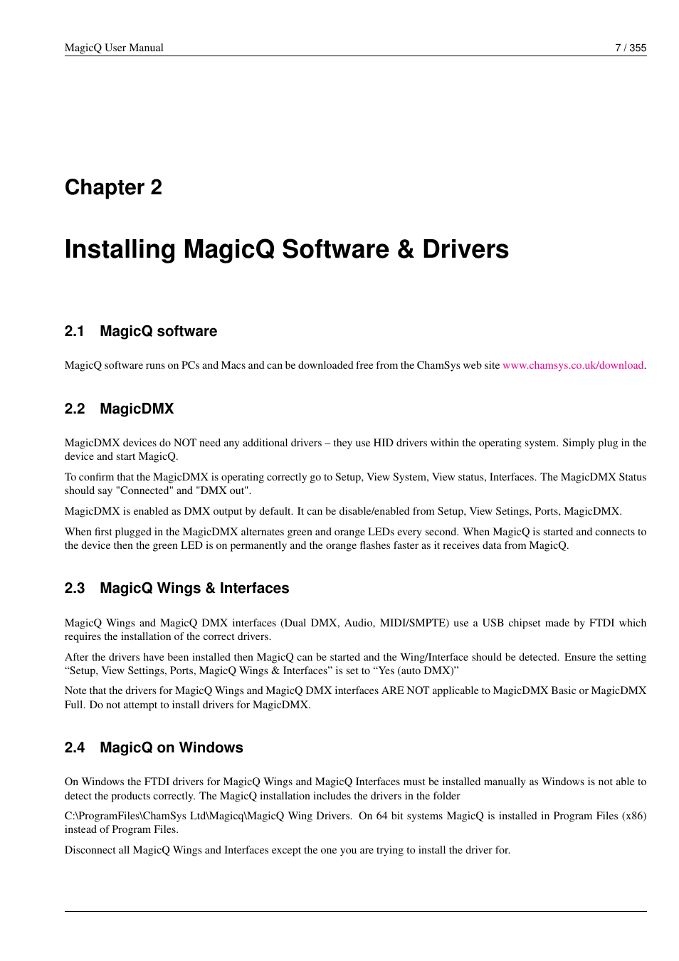 Installing magicq software & drivers, Magicq software, Magicdmx | Magicq wings & interfaces, Magicq on windows, Chapter 2 | ChamSys MagicQ User Manual User Manual | Page 36 / 384