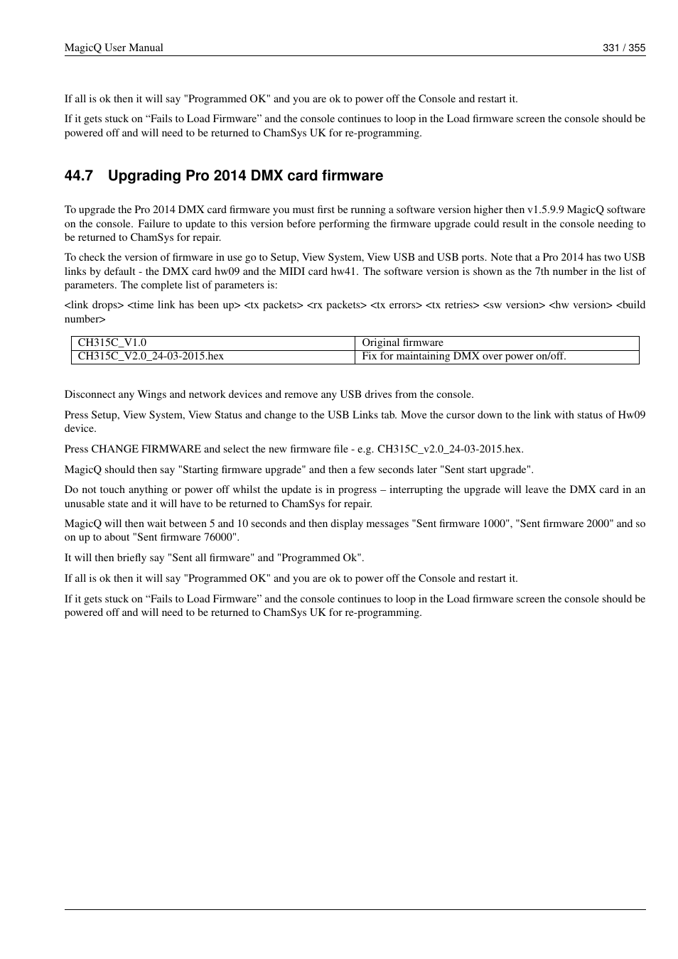 Upgrading pro 2014 dmx card firmware, 7 upgrading pro 2014 dmx card firmware | ChamSys MagicQ User Manual User Manual | Page 360 / 384