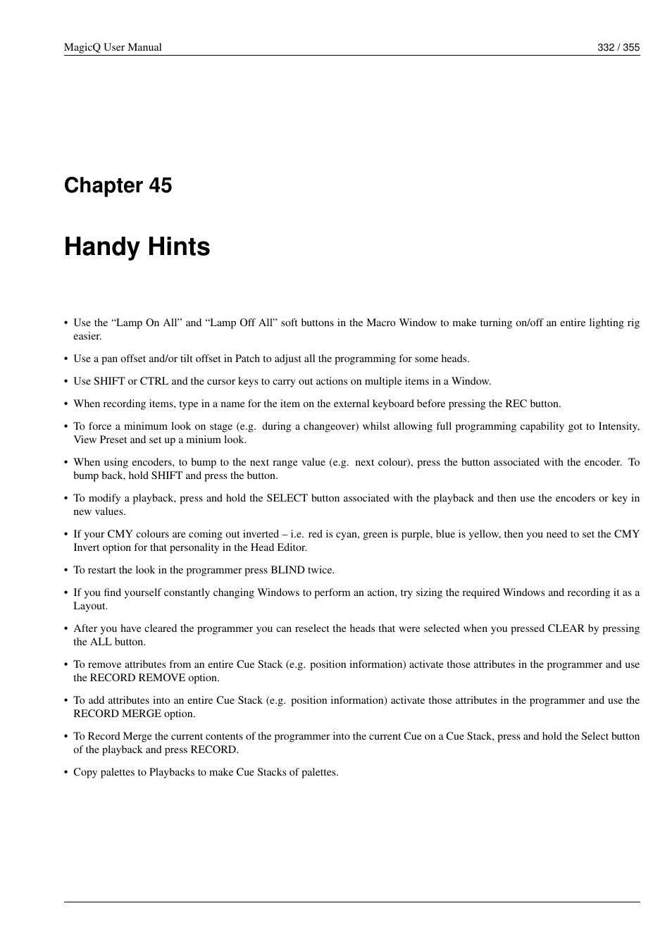 Handy hints, 45 handy hints, Chapter 45 | ChamSys MagicQ User Manual User Manual | Page 361 / 384