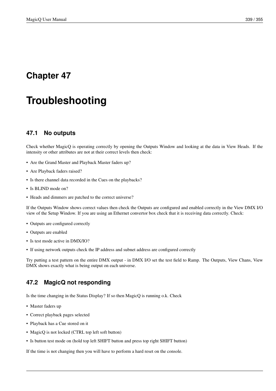 Troubleshooting, No outputs, Magicq not responding | 47 troubleshooting, 1 no outputs, 2 magicq not responding, Chapter 47 | ChamSys MagicQ User Manual User Manual | Page 368 / 384