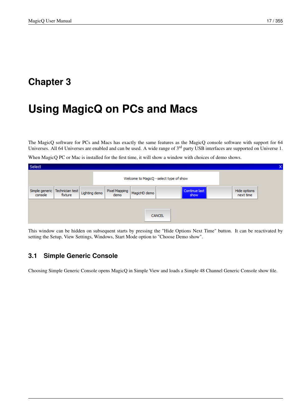 Using magicq on pcs and macs, Simple generic console, Chapter 3 | ChamSys MagicQ User Manual User Manual | Page 46 / 384